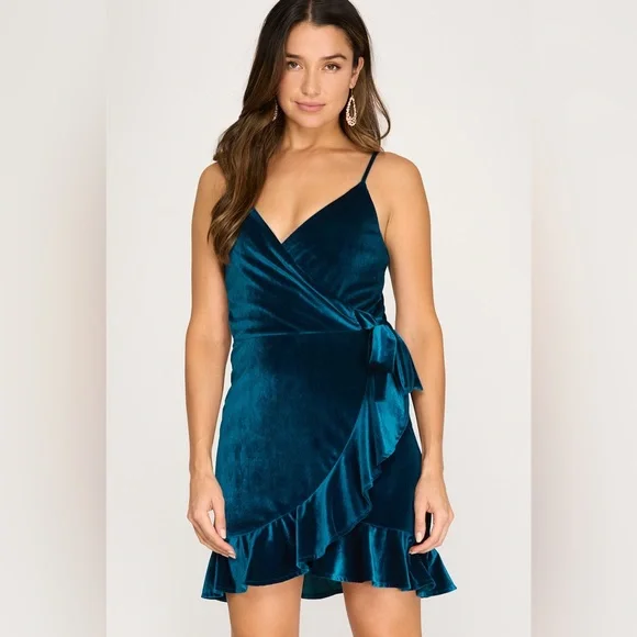 Knit Stretch Velvet Wrap Dress With Side Tie in Teal Blue - Picture 1 of 2